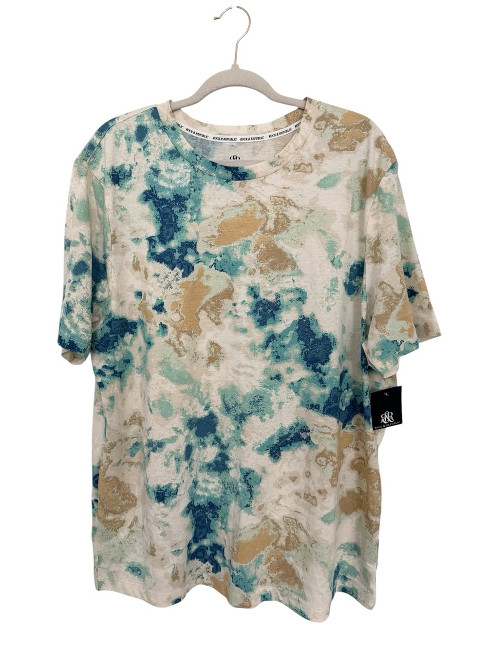 Rock & Republic Short-Sleeve Abstract Print Tee in Teal, Aqua & Tan Size XL